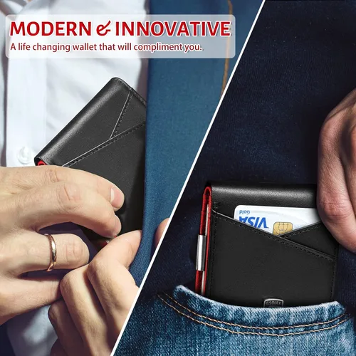 Miniatura 65 de GSOIAX Cartera delgada de cuero plegable RFID para hombre, billetera minimalista con bolsillo frontal con clip para dinero, 12 ranuras para Negro