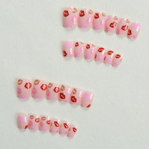 Miniatura 6 de Uñas postizas a presión para San Valentín, uñas postizas cortas cuadradas MABKJLF nude con diseños de labios, cobertura completa, pegamento
