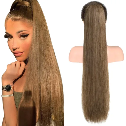 Miniatura 46 de SEIKEA Extensiones de cola de caballo con cordón, larga y recta, cola de caballo falsa, natural, suave, extensiones de cabello sintético resistente