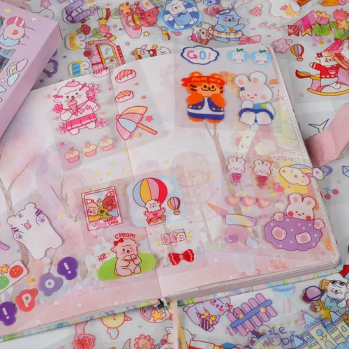 Miniatura 3 de Conjunto de calcomanías lindas de animales (100 hojas) - Kawaii transparentes de PET de dibujos animados decorativos para álbum de recortes, diario