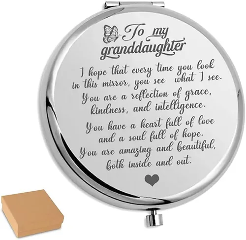 My Granddaughter - Espejo plegable de mano grabado con reflejo, You're Amazing and Beautiful Espejo de bolsillo, espejo de maquillaje de viaje Plata