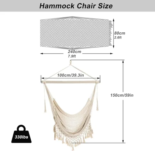 Miniatura 4 de Silla Hamaca, Máximo 330 Libras, Silla Colgante Grande, Silla Columpio de Cuerda de Algodón Suave con Varilla de Metal de Alta Capacidad de Carga