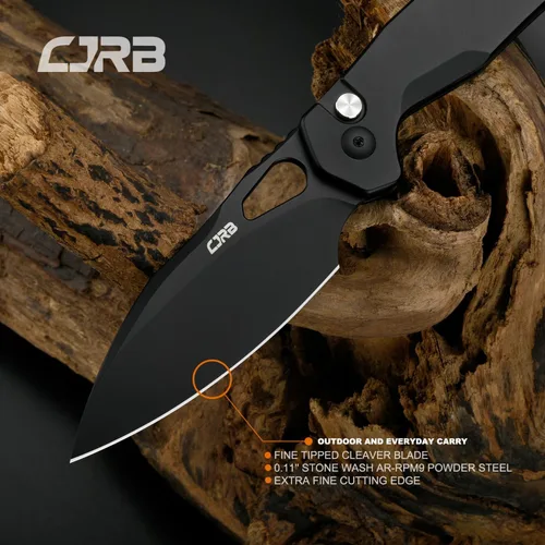 Miniatura 2 de CJRB Cuchillo de bolsillo Frack, hoja de acero AR-RPM9 de 3.9 pulgadas, con revestimiento de PVD, mango de acero EDC, cuchillo de bloqueo de botón