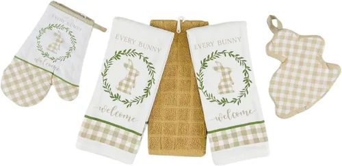 Juego de manoplas de cocina de primavera de Pascua, soporte para ollas, 5c: colorido floral Pascua cada conejito Bienvenido Gingham Border Design