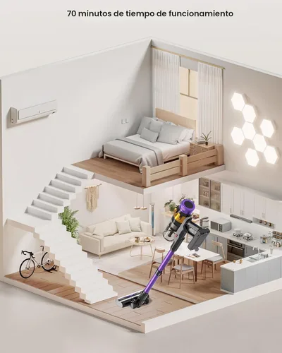 Miniatura 3 de Aspiradora inalámbrica, 650 W, 55 KPA, 70 minutos para el hogar, aspiradora inalámbrica de pie con estación de carga y pantalla LED, aspiradora