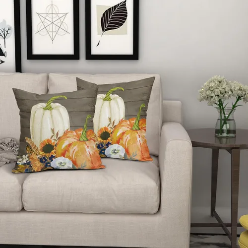 Miniatura 6 de Kawani Fundas de almohada decorativas blancas y naranjas de calabaza de otoño de 18x18 pulgadas con hojas de girasol y madera, juego de 2, cojines