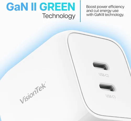 Miniatura 5 de VisionTek GaN II - Cargador rápido de pared de 45 W, puertos USBC duales, 2 veces USB-C, compatible con MacBook Air, iPad, iPhone, Galaxy, Steam