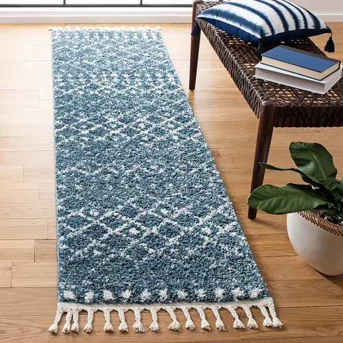 Miniatura 24 de SAFAVIEH Berber Fringe Shag Collection - Alfombra decorativa de 2 pies 2 pulgadas x 4 pies, color crema y azul, diseño, no desprende pelusa