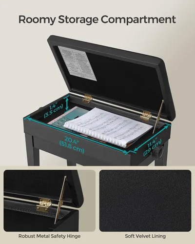 Miniatura 6 de SONGMICS Taburete ajustable de madera para piano con almacenamiento de partituras negro ULPB57H