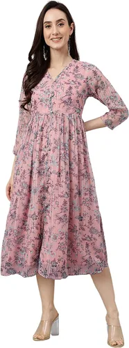 Miniatura 3 de Janasya Vestido acampanado con estampado floral de lúrex de gasa rosa para mujer