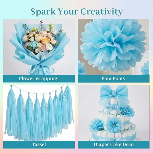 Miniatura 7 de Shindel 120 hojas de papel de seda azul, papel de seda azul claro de 20 x 14 pulgadas para bolsas de regalo, Navidad, cumpleaños, boda, baby shower