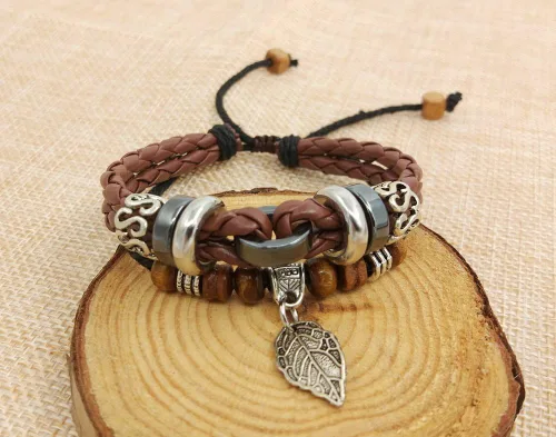 Miniatura 33 de Suyi brazalete ajustable con varias capas, de cuero tejido trenzado con cruz. Pulsera tipo esclava.