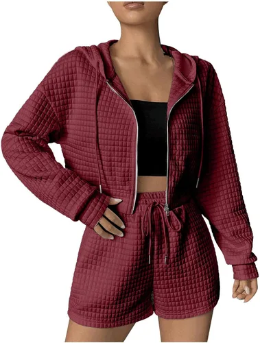 Sudadera Capucha Traje dos piezas Abrigos cremallera Mujer Pantalones Cortos Traje Deportivo Mangas largas Chándal