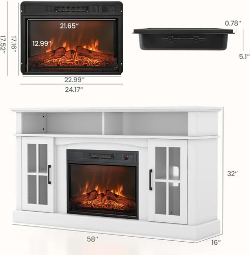 Miniatura 4 de Tangkula Soporte de TV con chimenea para televisores de hasta 65 pulgadas, consola de TV con chimenea eléctrica con control remoto, protección Blanco