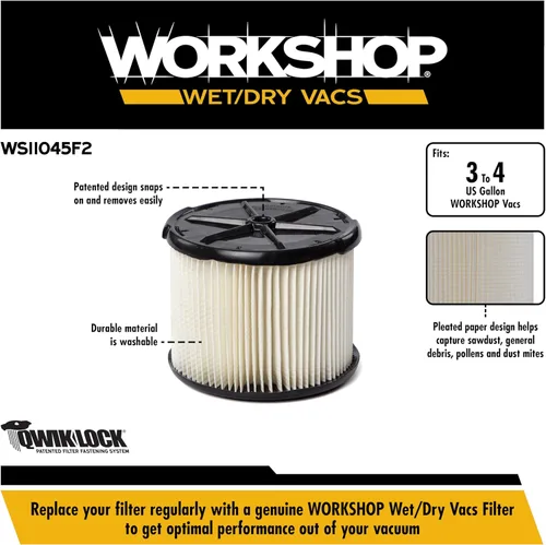 Miniatura 3 de WORKSHOP Wet/Dry Vacs Filtros de vacío WS11045F2 Filtros estándar de repuesto originales (paquete de 2) para aspiradoras de tienda en seco y húmedo