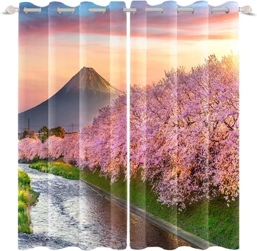 Renaiss Mount Fuji - Cortinas opacas de flores de cerezo rosa de primavera japonesa, cortinas opacas para ventana de dormitorio, paisaje natural,