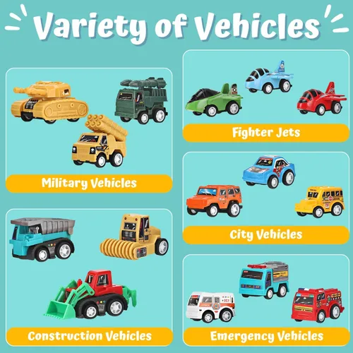 Miniatura 4 de Juego de 36 piezas de juguetes de autos y camiones – Mini vehículos de bolsillo, aviones de combate, construcción, autos de carreras y juguetes