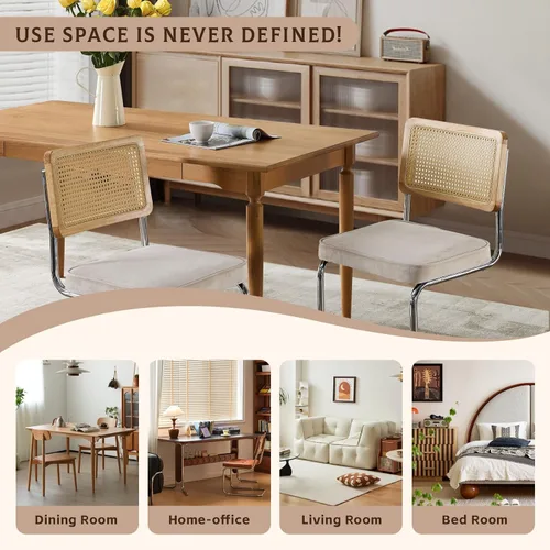 Miniatura 6 de Juego de 2 sillas de comedor de ratán, sillas de comedor modernas tapizadas de mediados de siglo con respaldo de caña, sillas de cocina de Beige