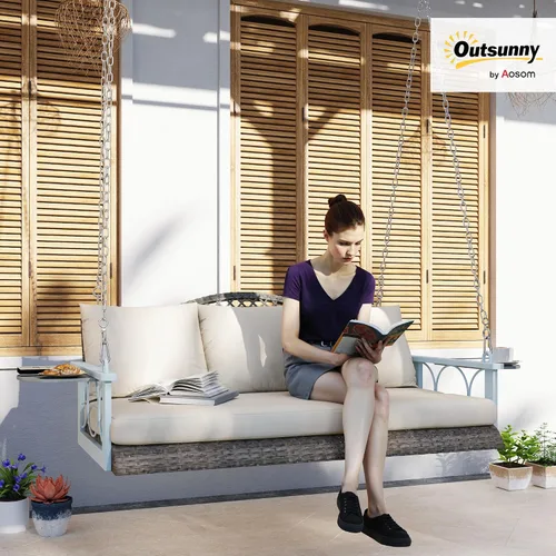 Miniatura 2 de Outsunny Silla columpio de mimbre para 3 personas, resistente, 800 libras con soporte para tazas, 57 pulgadas, ratán al aire libre, banco colgante