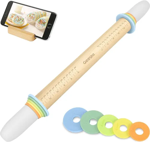 Geesta - Rodillo de madera ajustable con 5 anillos de grosor, mango de rodillo de masa preciso con diseño de prensa y guía de medición para hornear