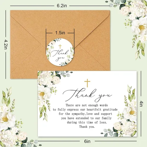 Miniatura 2 de AnyDesign Paquete de 48 tarjetas de agradecimiento fúnebres con calcomanías, sobres, tarjeta de duelo con cruz de flores con mensaje para servicio