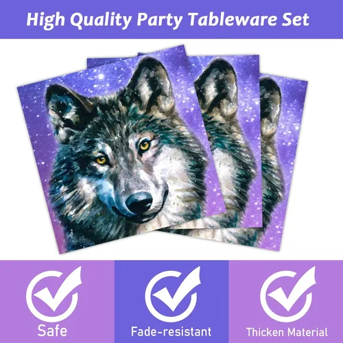 Miniatura 3 de 96 piezas de suministros de fiesta de lobo, platos, servilletas, juego de vajilla, suministros de cumpleaños de animales de lobo, vajilla