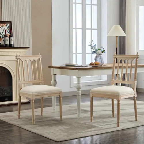 French Style Solid Wood Frame Linen Fabric Rattan Back Dining Chairs, Table & Chair Sets, Set of 2 for Dining Room, Kitchen, Living Room, Bedroom