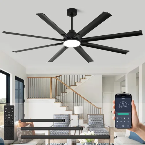 Miniatura 7 de Ventilador de techo de 72 pulgadas sin luz con control remoto, motor silencioso de CC reversible de 8 aspas, 6 velocidades, temporizador, negro