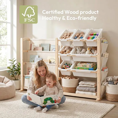 Miniatura 4 de Fodoss Estante para libros para habitaciones de niños, organizador de almacenamiento de juguetes con estantería, estantería de madera maciza