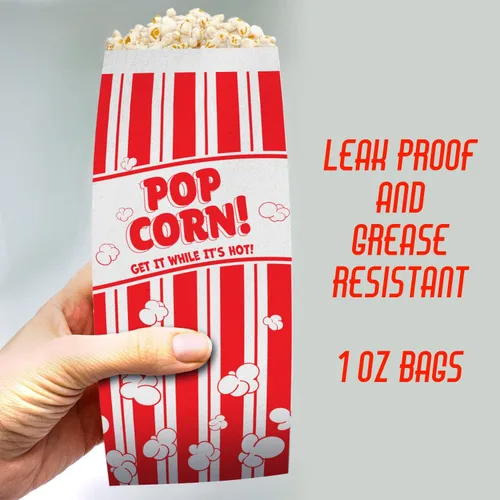 Miniatura 3 de Bolsas de palomitas de maíz Retro, resistentes a la grasa, paquete de 25. Fundas de papel de 1 onza de una sola porción en nostálgico rojo/blanco