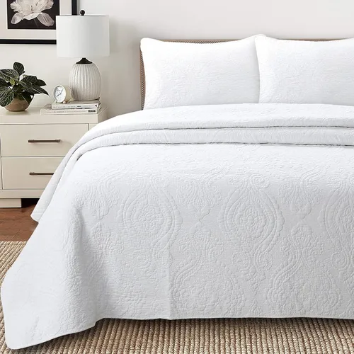 Miniatura 20 de Cozy Line Home Fashions - Juego de edredón de cama de algodón 100% Victoriano con medallón sólido blanco, matelassé, grabado, reversible, ligero