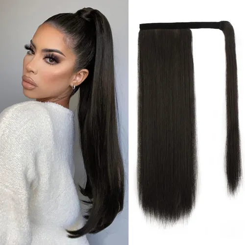 Miniatura 85 de BARSDAR Extensión de cola de caballo de 28 pulgadas largo recto envoltura alrededor del clip en pelo de fibra sintética para mujeres, negro