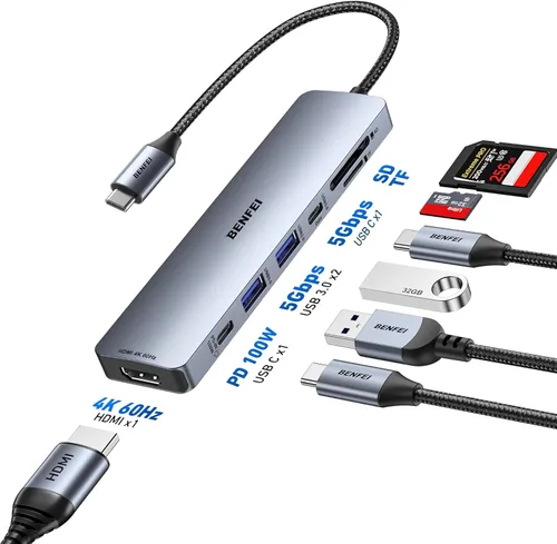 Miniatura 2 de BENFEI Concentrador USB C 7 en 1 con HDMI (4K@60Hz), 2 USB-A, 1 USB-C de datos, carga de 100W, lector de tarjetas SD/TF, cable sin enredos