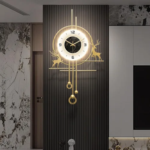 Miniatura 9 de Reloj de pared dorado para sala de estar, reloj de pared decorativo dorado grande con luz, reloj de pared silencioso creativo decorativo