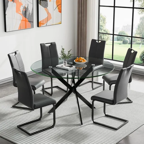 Miniatura 26 de Juego de mesa de comedor redonda de 3 piezas para 2, mesa de cocina moderna de vidrio plateado y sillas para 2 con sillas tapizadas, juego de mesa