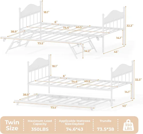 Miniatura 3 de Sofá cama con nido, cama de metal tamaño individual con cabecera elegante, marco de sofá cama con cama nido desplegable emergente, plataforma