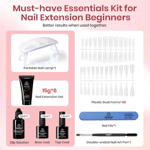 Miniatura 3 de Beetles - Kit de extensión de gel de uñas de polietileno, 6 colores de gelatina nude con solución deslizante, mejora de uñas para principiantes
