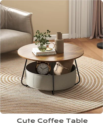 Miniatura 6 de Manora Mesa auxiliar redonda pequeña para sala de estar, mesa central moderna con almacenamiento de cesta de tela, bonita mesa circular