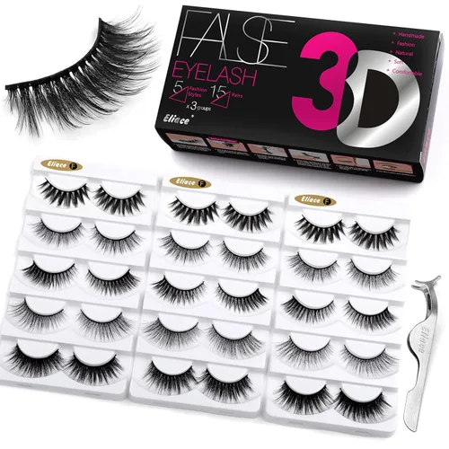Eliace Pestañas de visón 3D de aspecto natural, 5 estilos mixtos, 15 pares de pestañas postizas, paquete a granel, hechas a granel, hechas a mano,