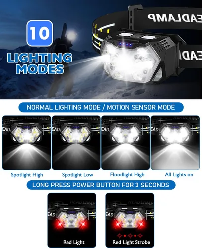 Miniatura 3 de Linterna frontal ultra brillante de 9 LED de 2000 lúmenes, linterna recargable USB C, 10 modos, lámpara de cabeza con sensor de movimiento