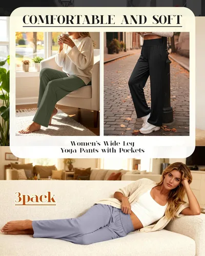 Miniatura 51 de Neer - Conjunto de 3 pantalones de yoga de pierna ancha para mujer - Pantalones deportivos cómodos, holgados, de cintura alta y casuales