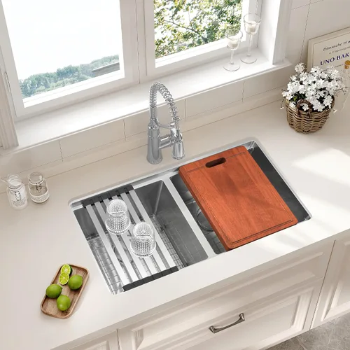 Miniatura 20 de LQS Fregadero de cocina dorado de 32 x 18 pulgadas, fregaderos de cocina empotrados, fregaderos de acero inoxidable de doble tazón 50/50