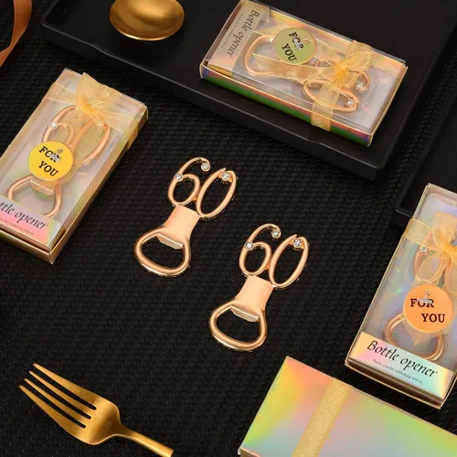 Miniatura 6 de 50 recuerdos dorados de fiesta de cumpleaños 60 con diamantes de imitación, perfectos para invitados, 60 abridores de botellas de cerveza, recuerdos