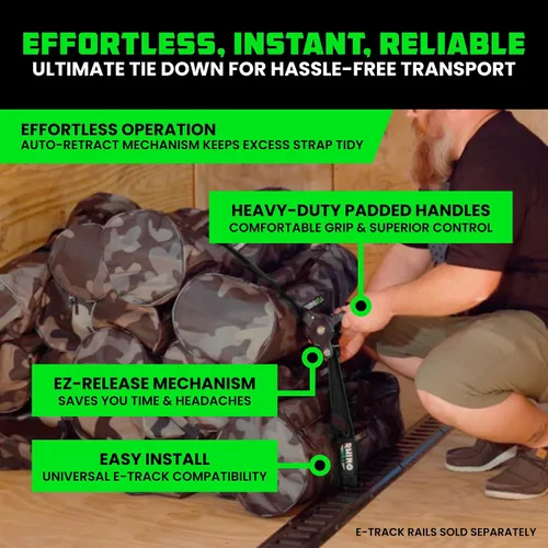 Miniatura 3 de Rhino USA Correas de trinquete retráctiles E-Track de 2 x 10 pies: resistencia máxima a la rotura de 3033 libras Compatible solo con sistemas