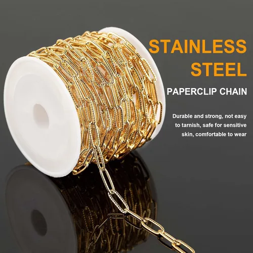 Miniatura 3 de KYUNHOO Cadena de acero inoxidable chapada en oro de 16.4 ft para hacer joyas, cadena ovalada en relieve de 0.157 in de ancho, cadena de joyería