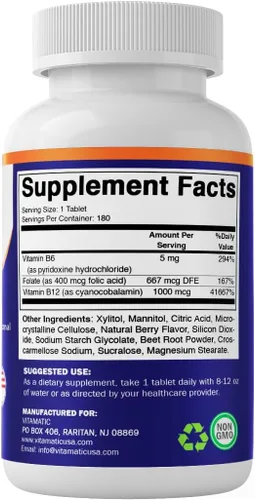 Miniatura 8 de Vitamatic Ácido fólico, vitamina B12 y B6 – 180 tabletas de disolución rápida Salud del corazón, producción de energía y apoyo de glóbulos rojos