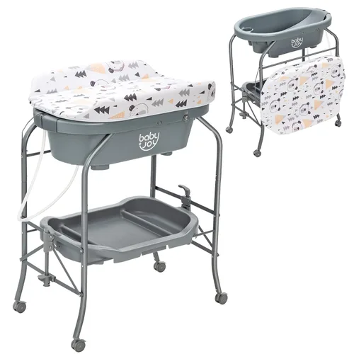 Miniatura 10 de BABY JOY Bañera para bebé con cambiador, estación plegable para cambiar pañales con bandeja de almacenamiento, almohadilla impermeable, organizador