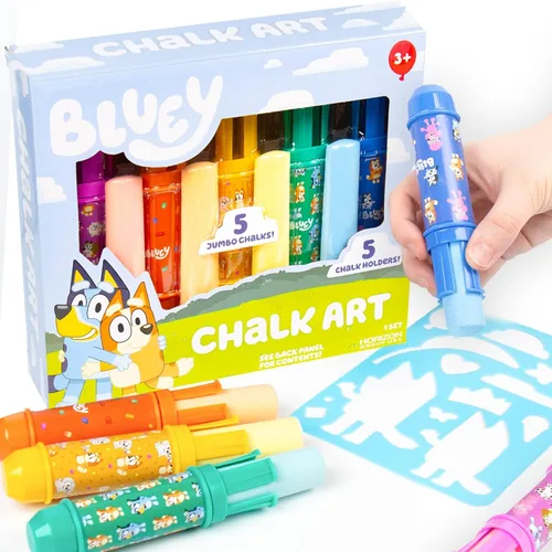 Arte de tiza Bluey oficial, paquete de 5, tiza vibrante para acera para niños, incluye 5 tizas, soportes para tiza y plantilla reutilizable, Teal