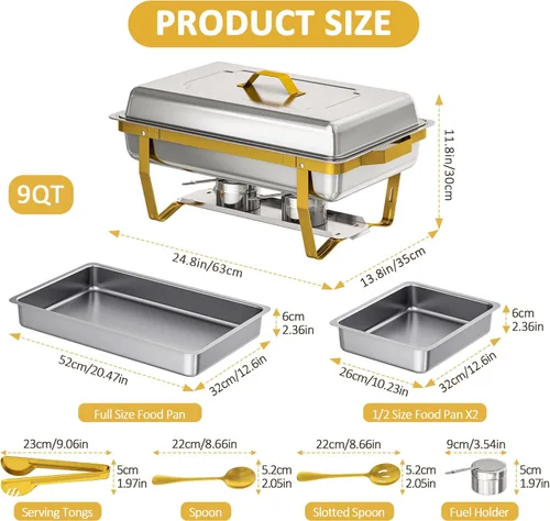 Miniatura 6 de Juego de 2 platos de 9 cuartos de galón para bufé, calentadores de alimentos de acero inoxidable dorado con utensilios de servir, soporte plegable