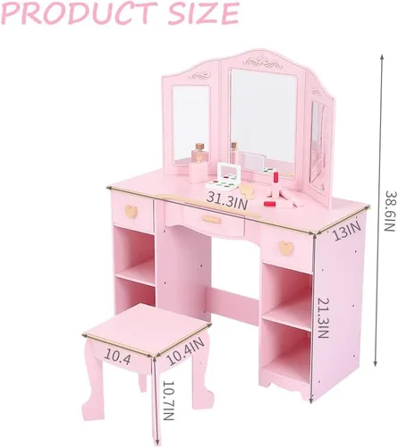 Miniatura 3 de Tocador de maquillaje para niños, mesa y silla para niñas con espejo y cajón, regalo para edades de 4 a 9 años, color rosa